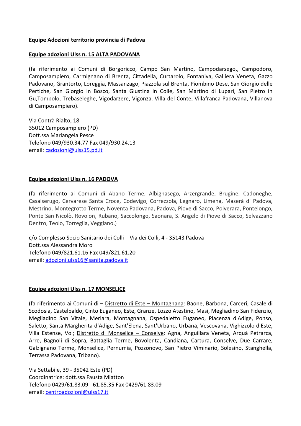 Equipe Adozioni Territorio Provincia Di PADOVA GENNAIO 2014