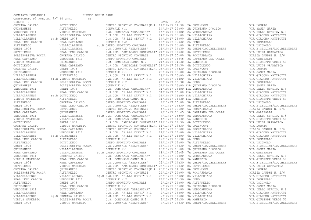 COMITATO LOMBARDIA ELENCO DELLE GARE CAMPIONATO P2 PULCINI 7>7 10 Anni BS GIRONE C DATA ORA ORCEANA CALCIO GOTTOLENGO CENTRO SPORTIVO COMUNALE(E.A