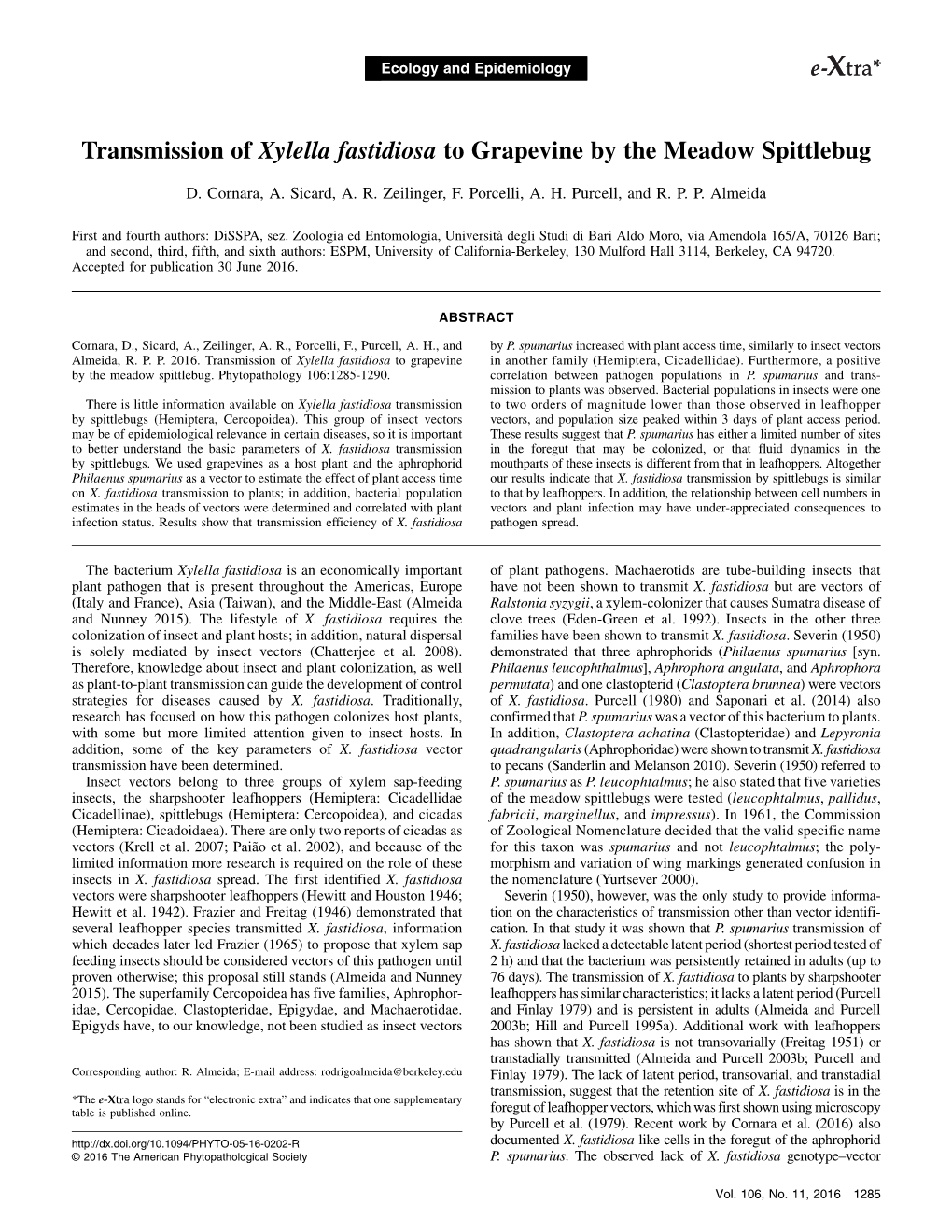 Transmission of Xylella Fastidiosa to Grapevine by the Meadow Spittlebug