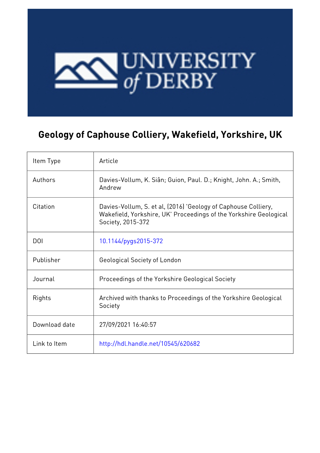 1 Geology of Caphouse Colliery, Wakefield, Yorkshire, UK 1 K. S
