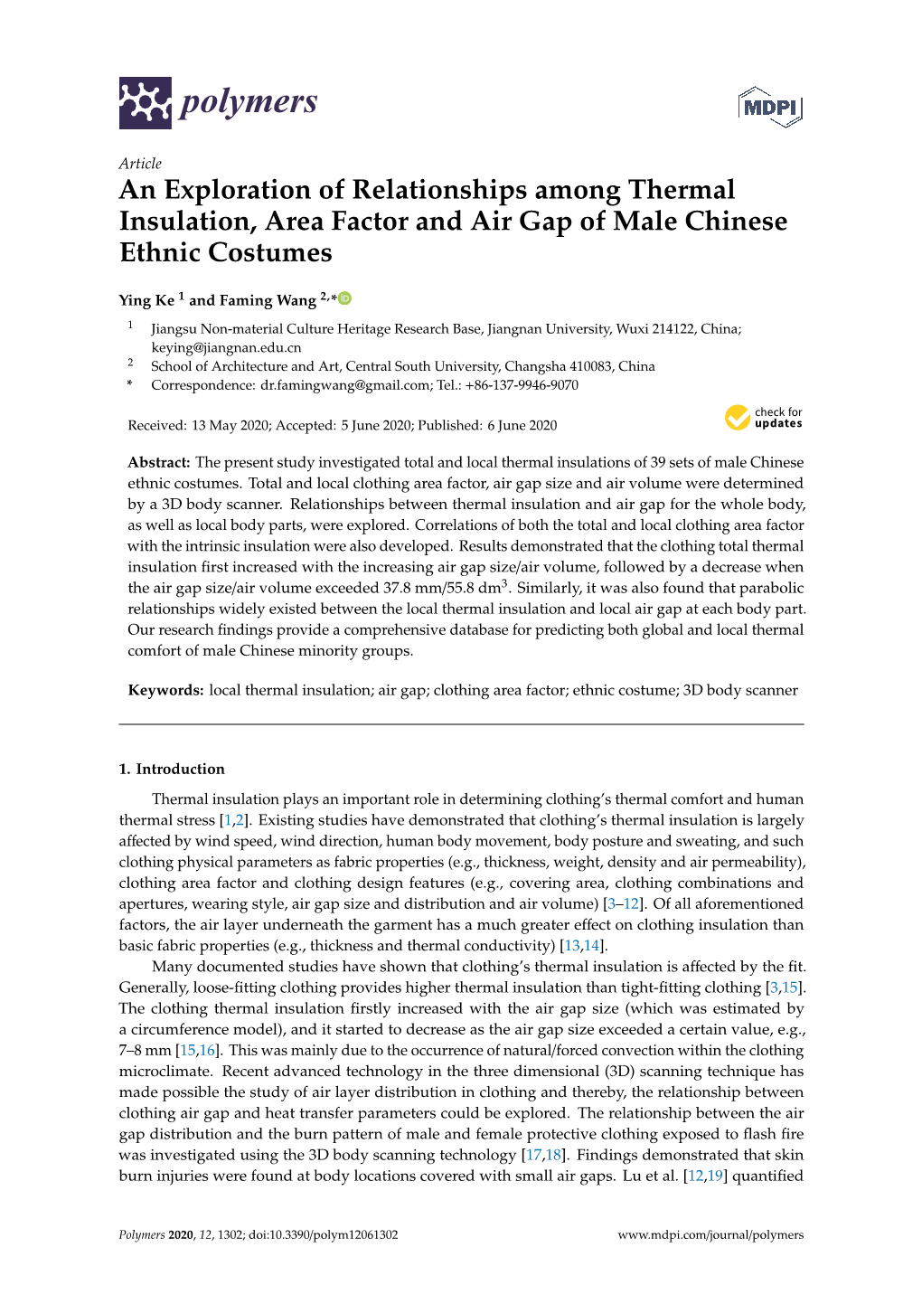 An Exploration of Relationships Among Thermal Insulation, Area Factor and Air Gap of Male Chinese Ethnic Costumes