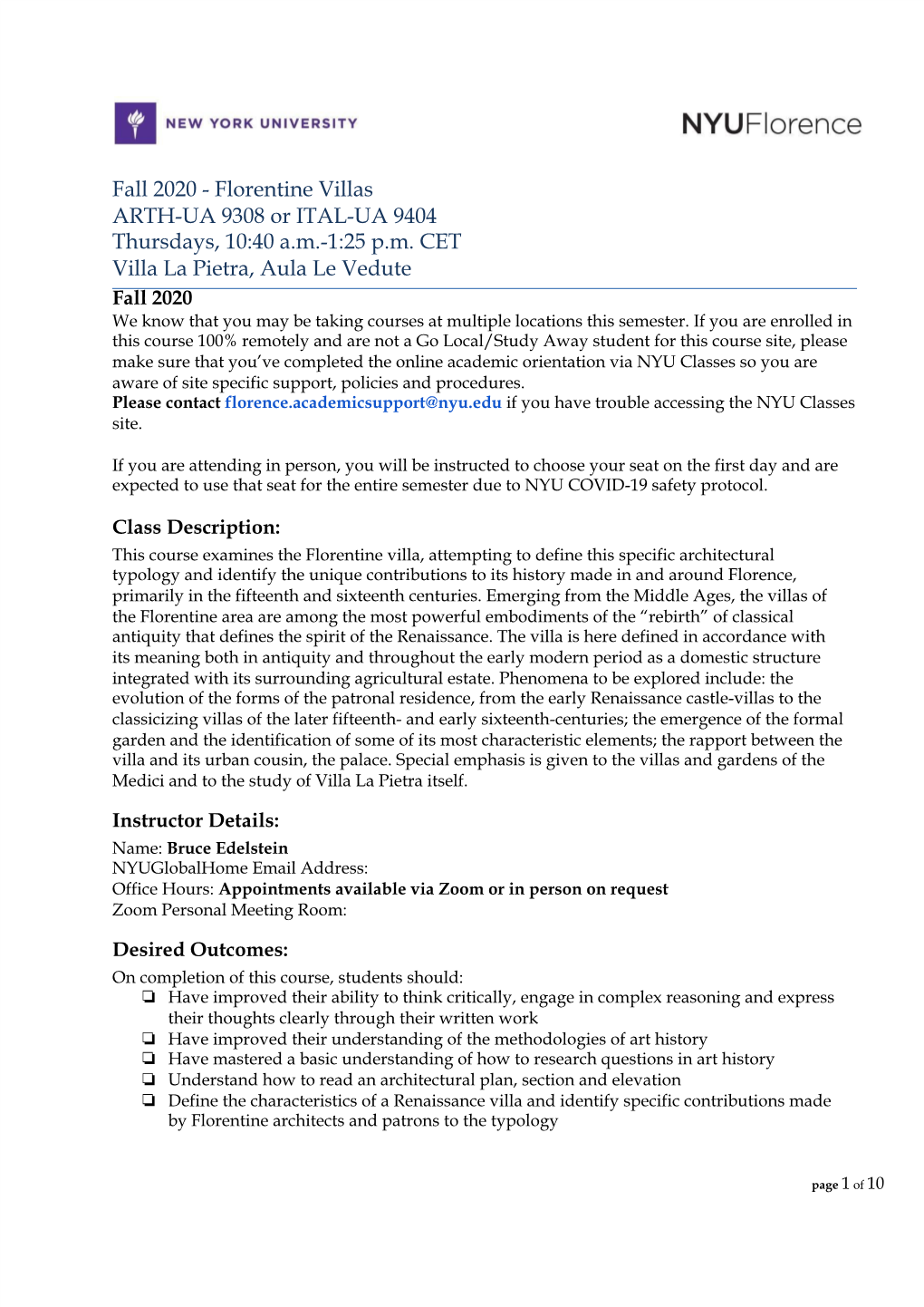 Fall 2020 - Florentine Villas ARTH-UA 9308 Or ITAL-UA 9404 Thursdays, 10:40 A.M.-1:25 P.M