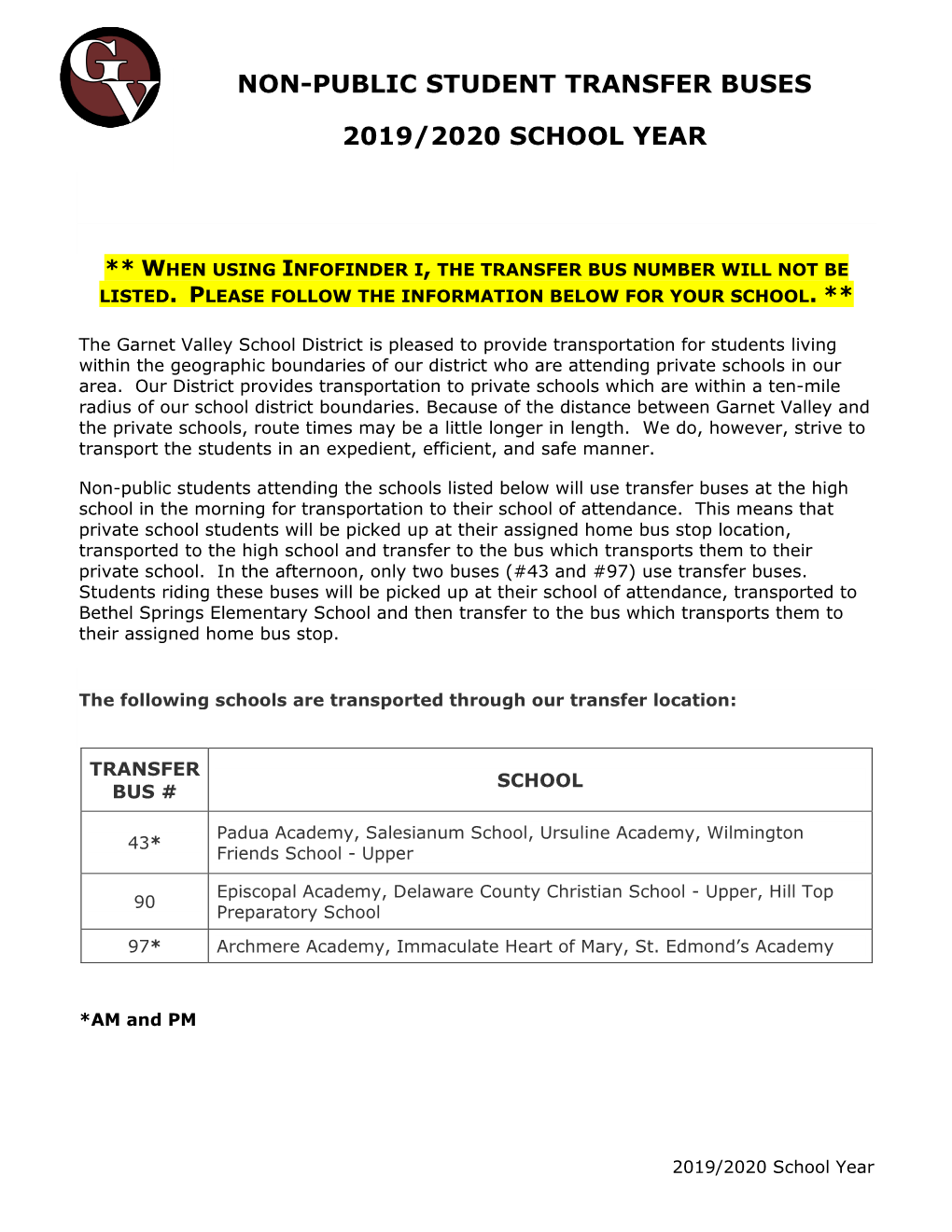 Non-Public Student Transfer Buses 2019/2020 School Year