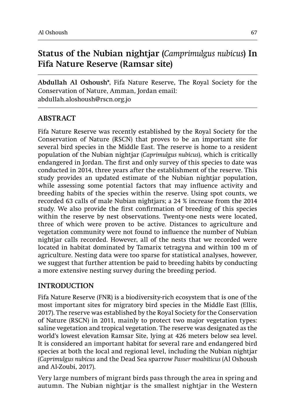 Status of the Nubian Nightjar (Camprimulgus Nubicus) in Fifa Nature Reserve (Ramsar Site)