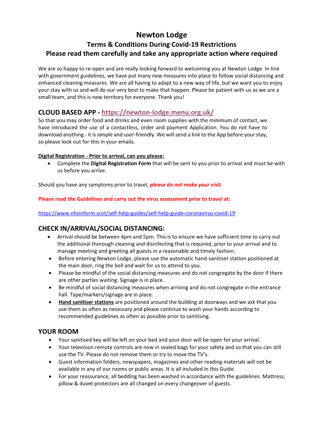 Newton Lodge Terms & Conditions During Covid-19 Restrictions Please Read Them Carefully and Take Any Appropriate Action Where Required