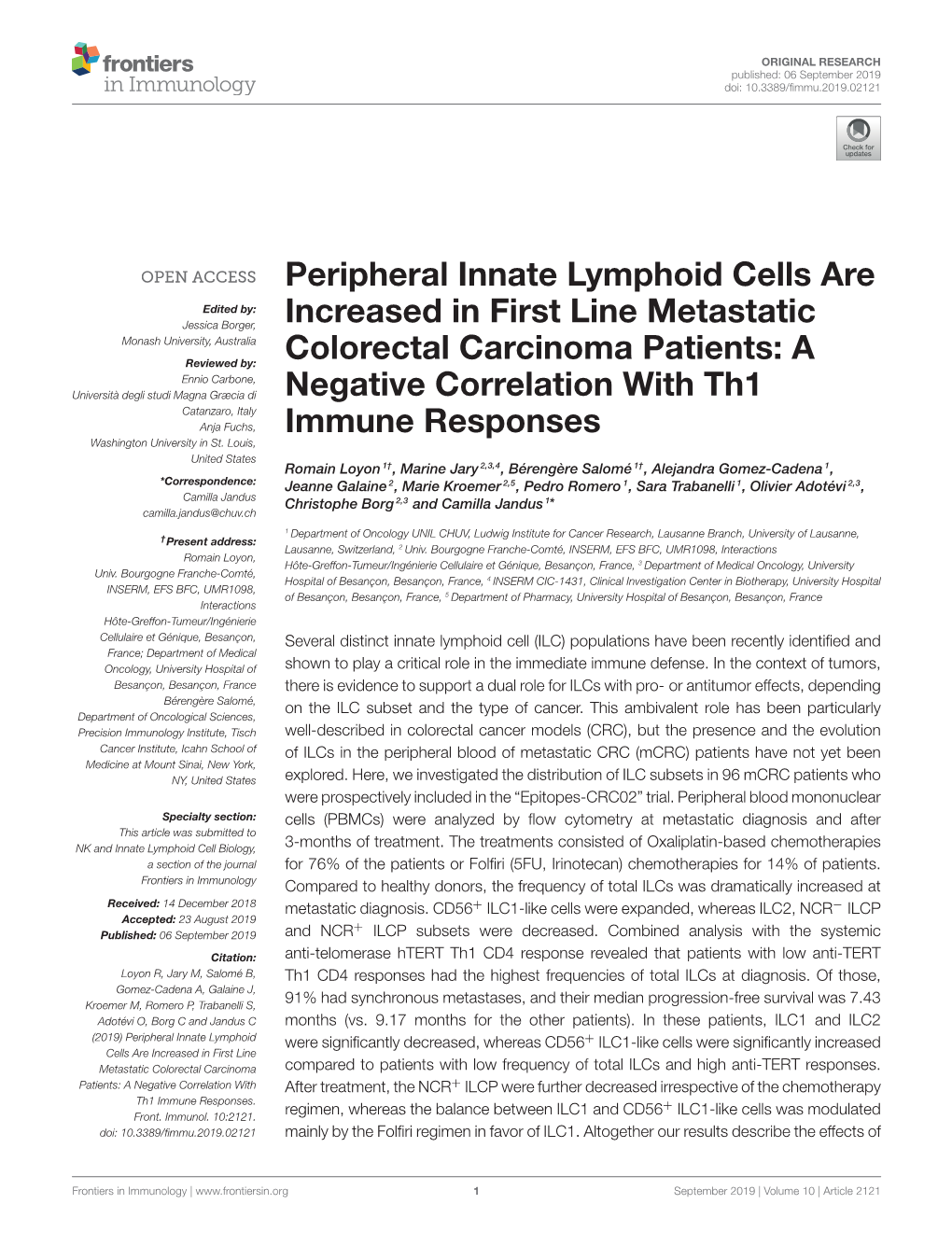 Peripheral Innate Lymphoid Cells Are Increased in First Line Metastatic Colorectal Carcinoma Patients