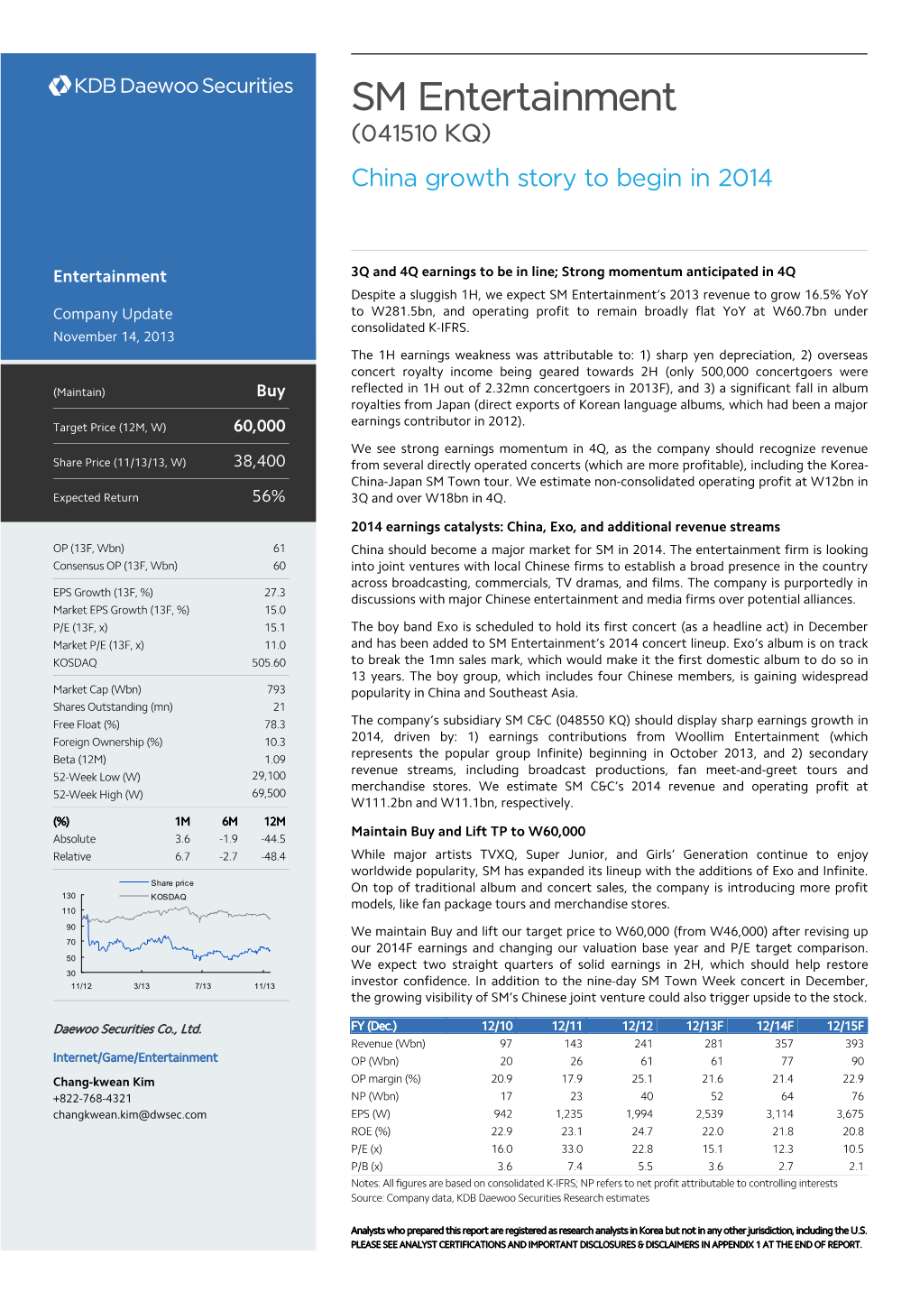 SM Entertainment (041510 KQ) China Growth Story to Begin in 2014