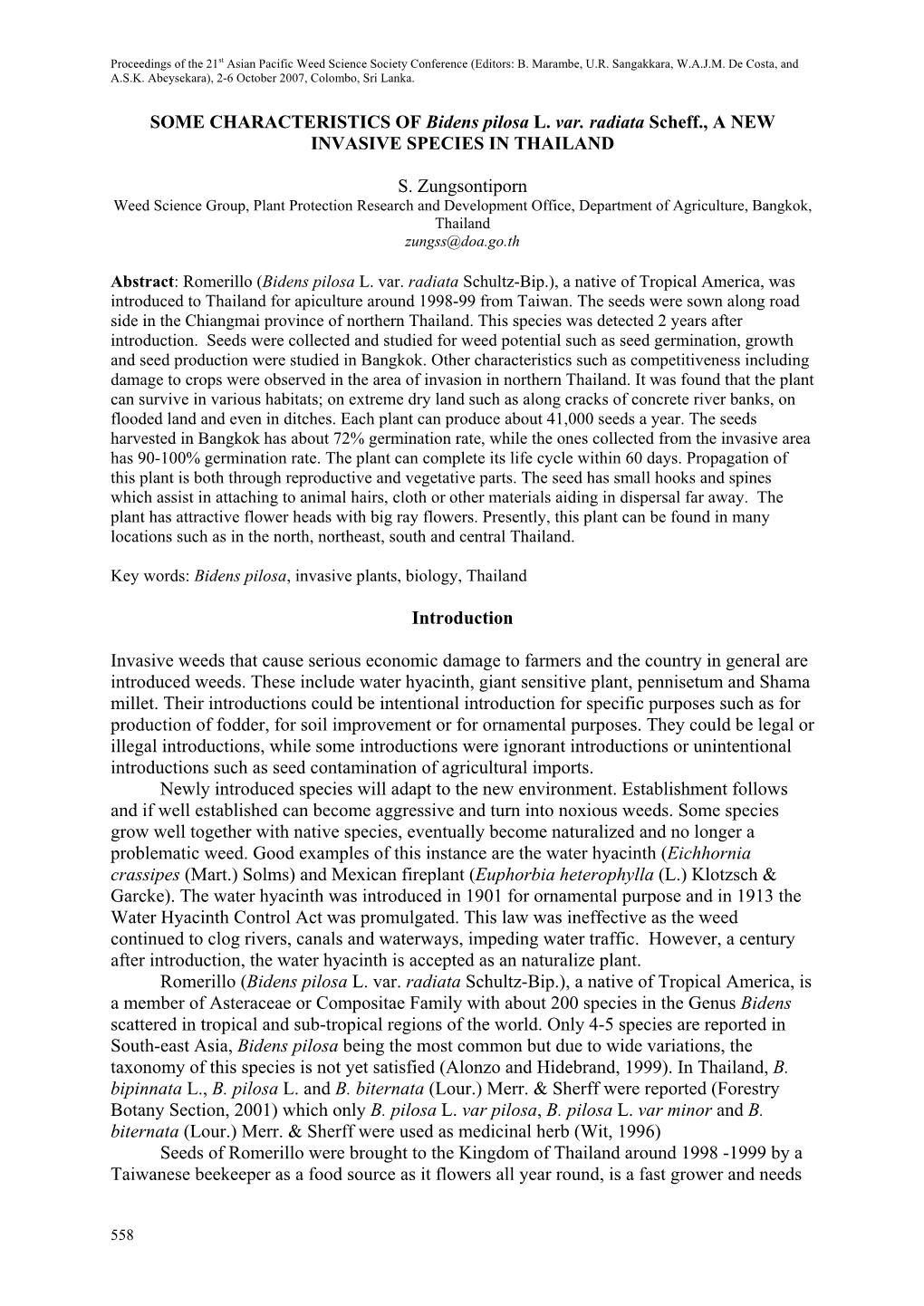 SOME CHARACTERISTICS of Bidens Pilosa L. Var. Radiata Scheff., a NEW INVASIVE SPECIES in THAILAND