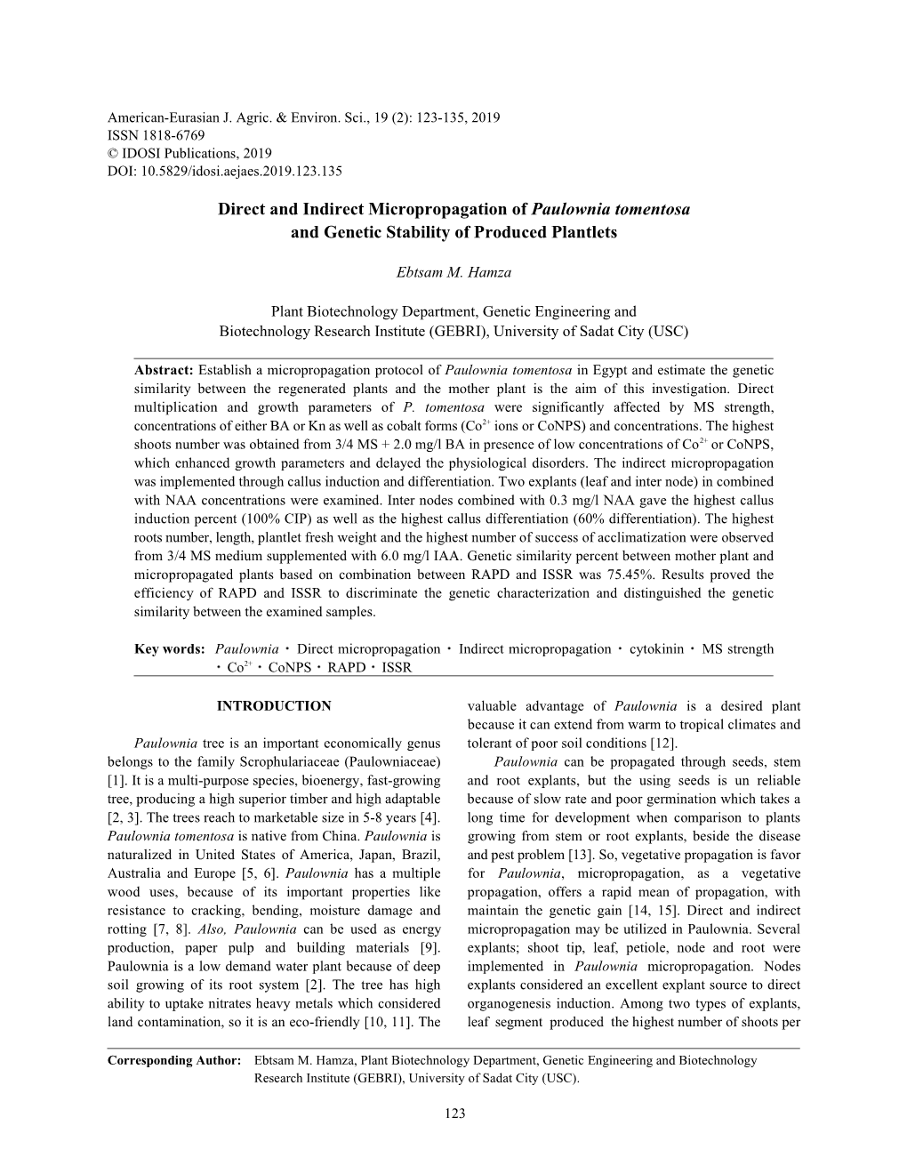 Direct and Indirect Micropropagation of Paulownia Tomentosa and Genetic Stability of Produced Plantlets