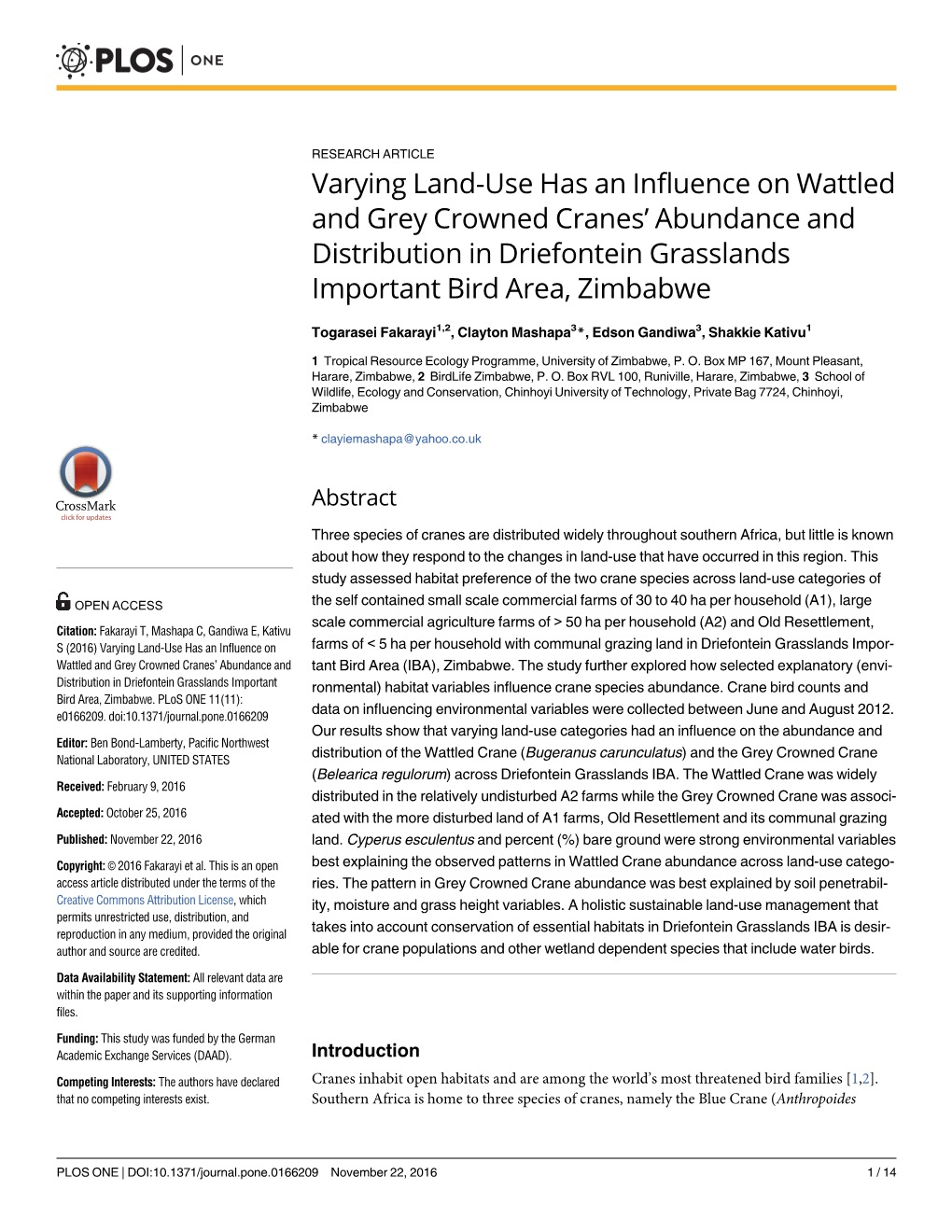 Varying Land-Use Has an Influence on Wattled and Grey Crowned Cranes’ Abundance and Distribution in Driefontein Grasslands Important Bird Area, Zimbabwe