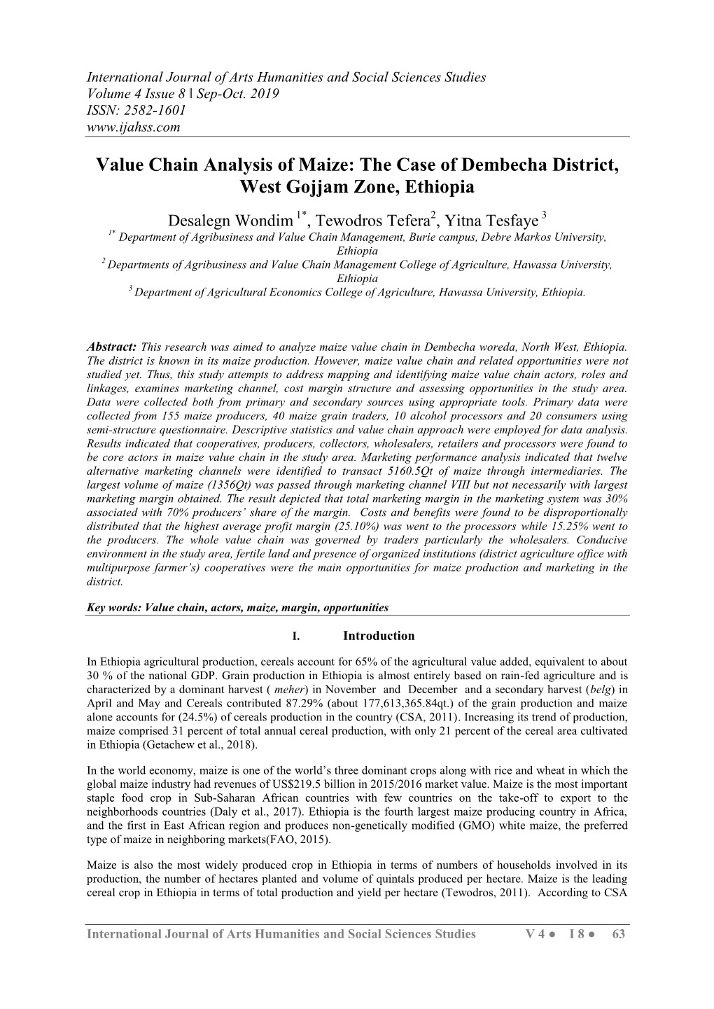 Value Chain Analysis of Maize: the Case of Dembecha District, West Gojjam Zone, Ethiopia