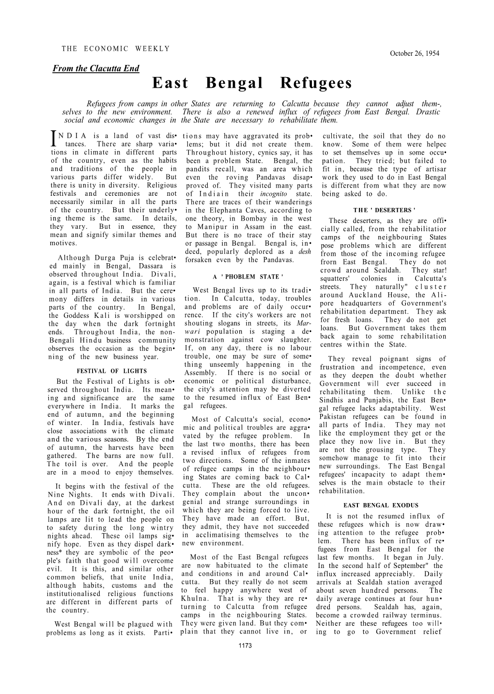East Bengal Refugees Refugees from Camps in Other States Are Returning to Calcutta Because They Cannot Adjust Them-, Selves to the New Environment