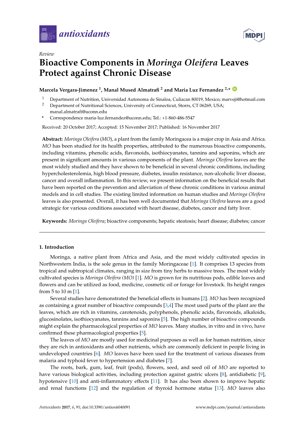 Bioactive Components in Moringa Oleifera Leaves Protect Against Chronic Disease