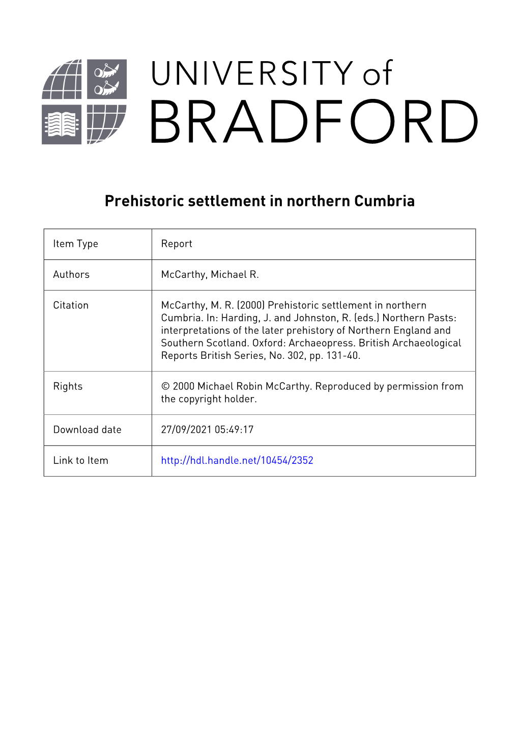 Prehistoric Settlement in Northern Cumbria