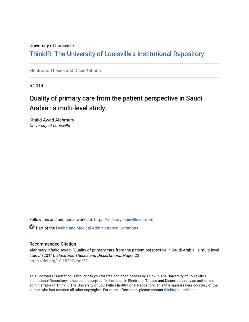Quality of Primary Care from the Patient Perspective in Saudi Arabia : a Multi-Level Study