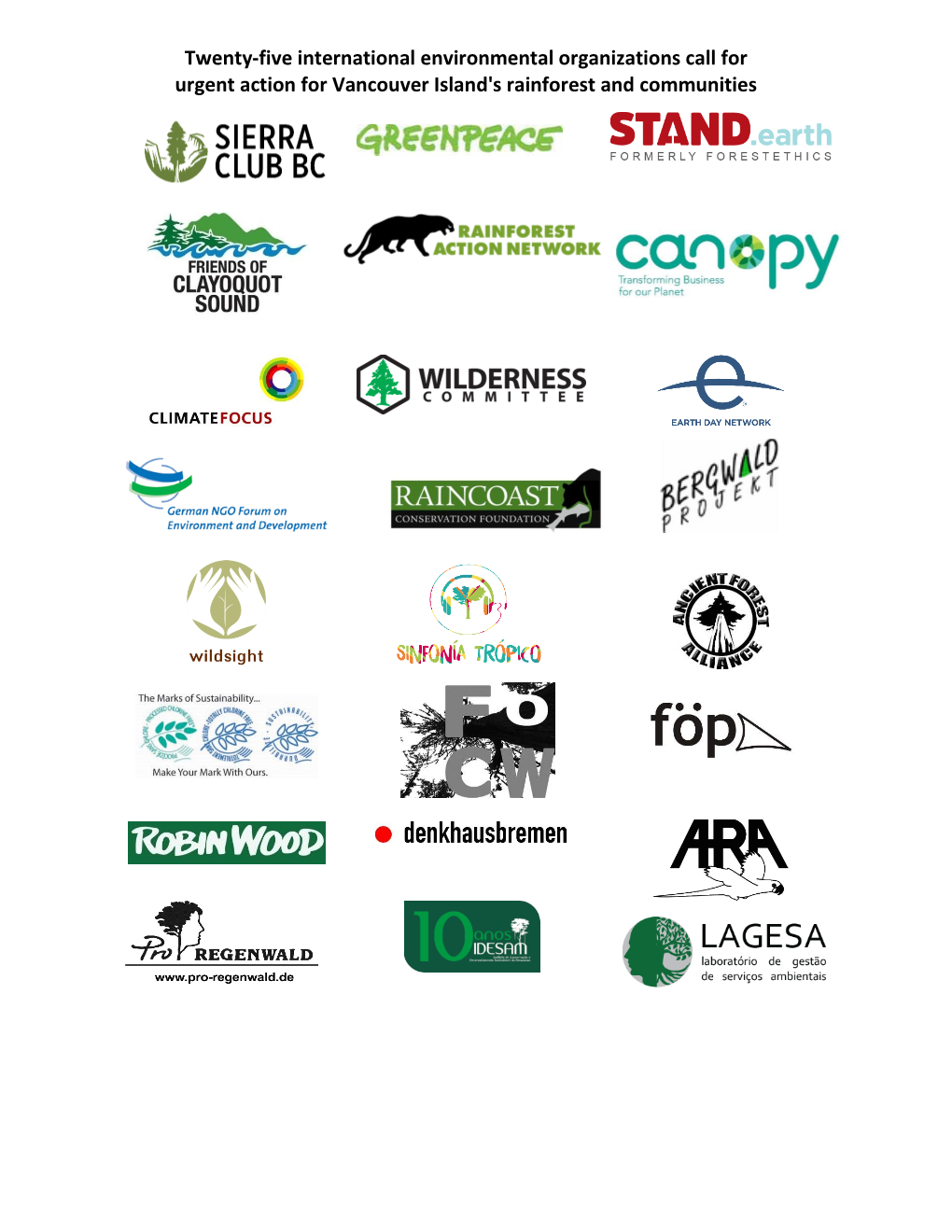 Twenty-Five International Environmental Organizations Call for Urgent Action for Vancouver Island's Rainforest and Communities