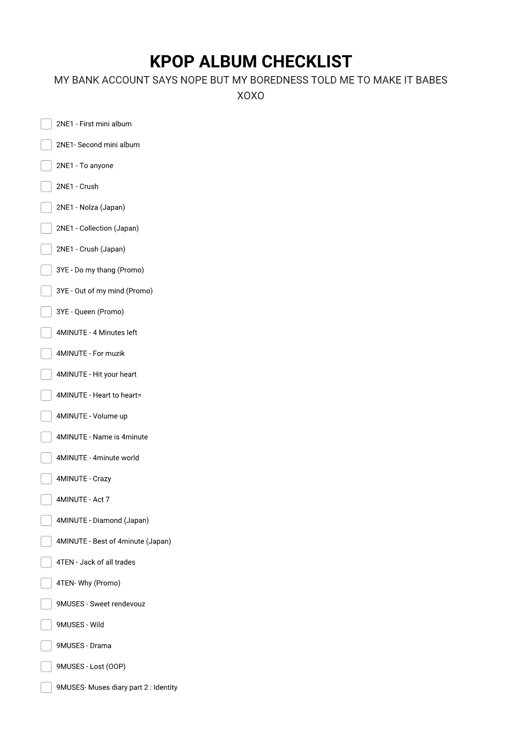 Kpop Album Checklist My Bank Account Says Nope but My Boredness Told Me to Make It Babes Xoxo