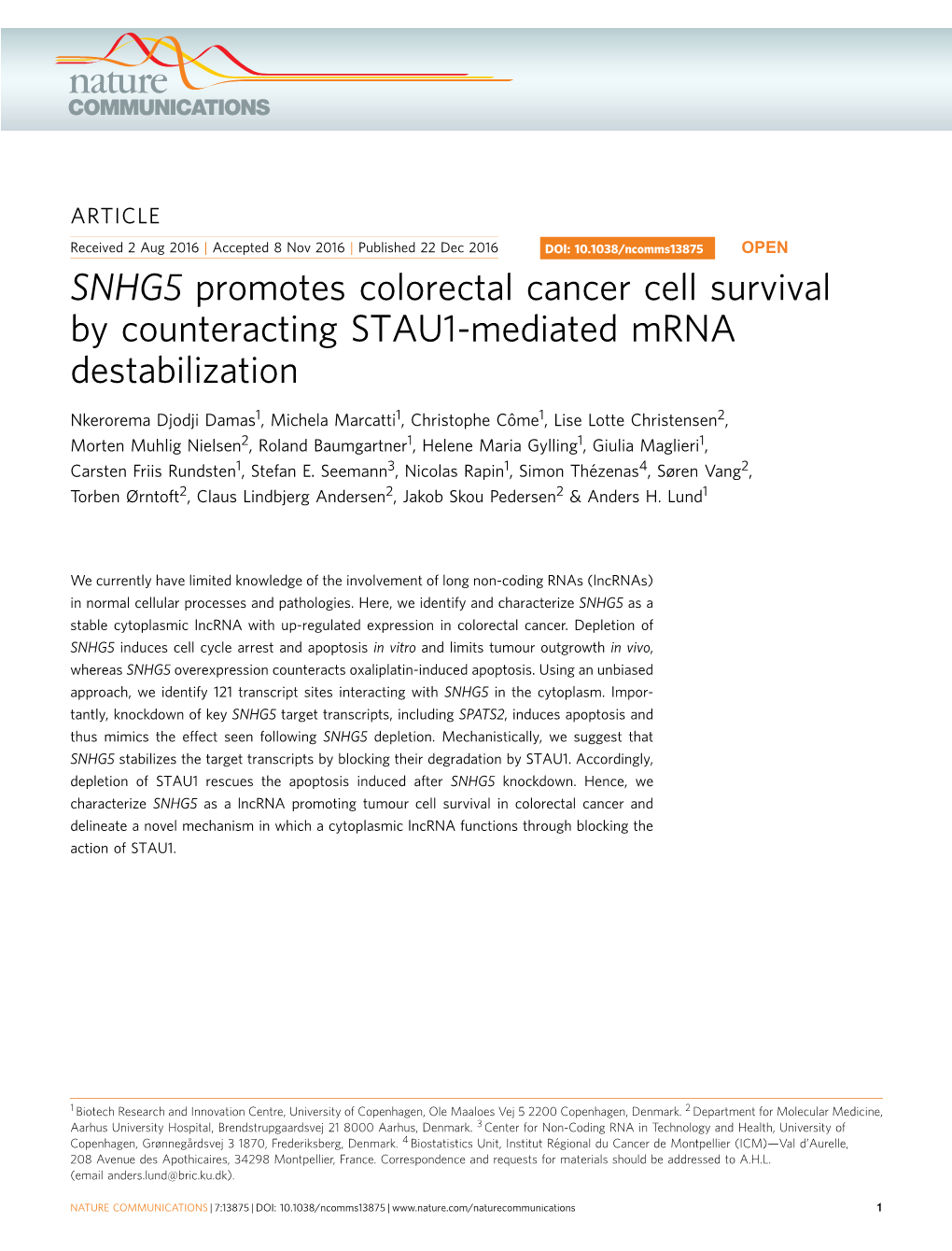 SNHG5 Promotes Colorectal Cancer Cell Survival by Counteracting STAU1-Mediated Mrna Destabilization