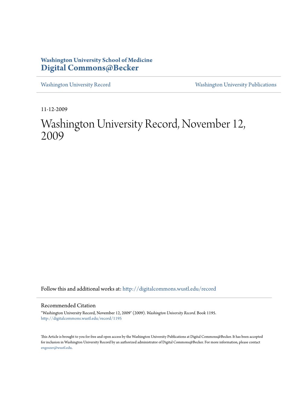 Washington University Record, November 12, 2009