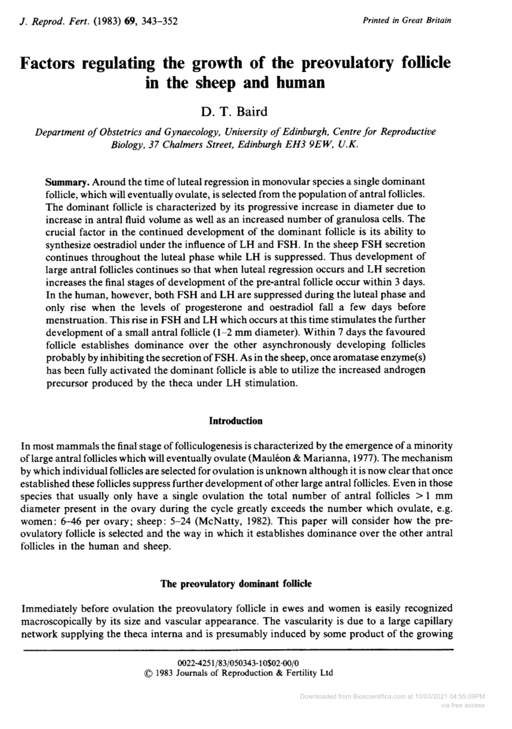 Factors Regulating the Growth of the Preovulatory Follicle in the Sheep and Human D