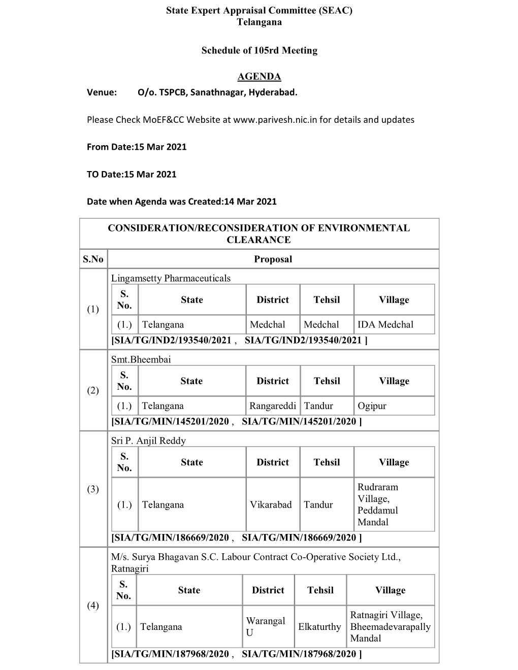 Telangana Schedule of 105Rd Meeting