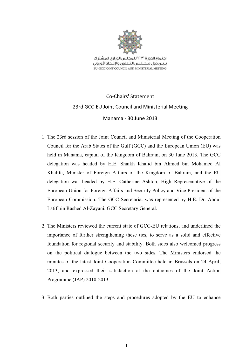 Co-Chairs' Statement 23Rd GCC-EU Joint Council and Ministerial Meeting