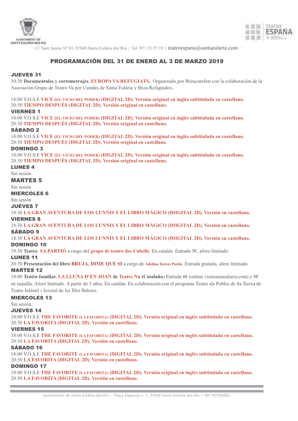 Programación Del 31 De Enero Al 3 De Marzo 2019