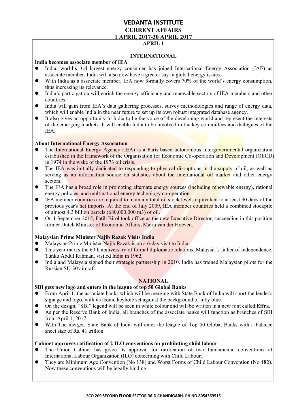 Vedanta Institute Current Affairs 1 April 2017-30 April 2017 April 1