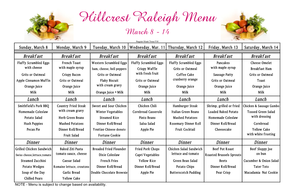 Hillcrest Raleigh Menu March 8 - 14