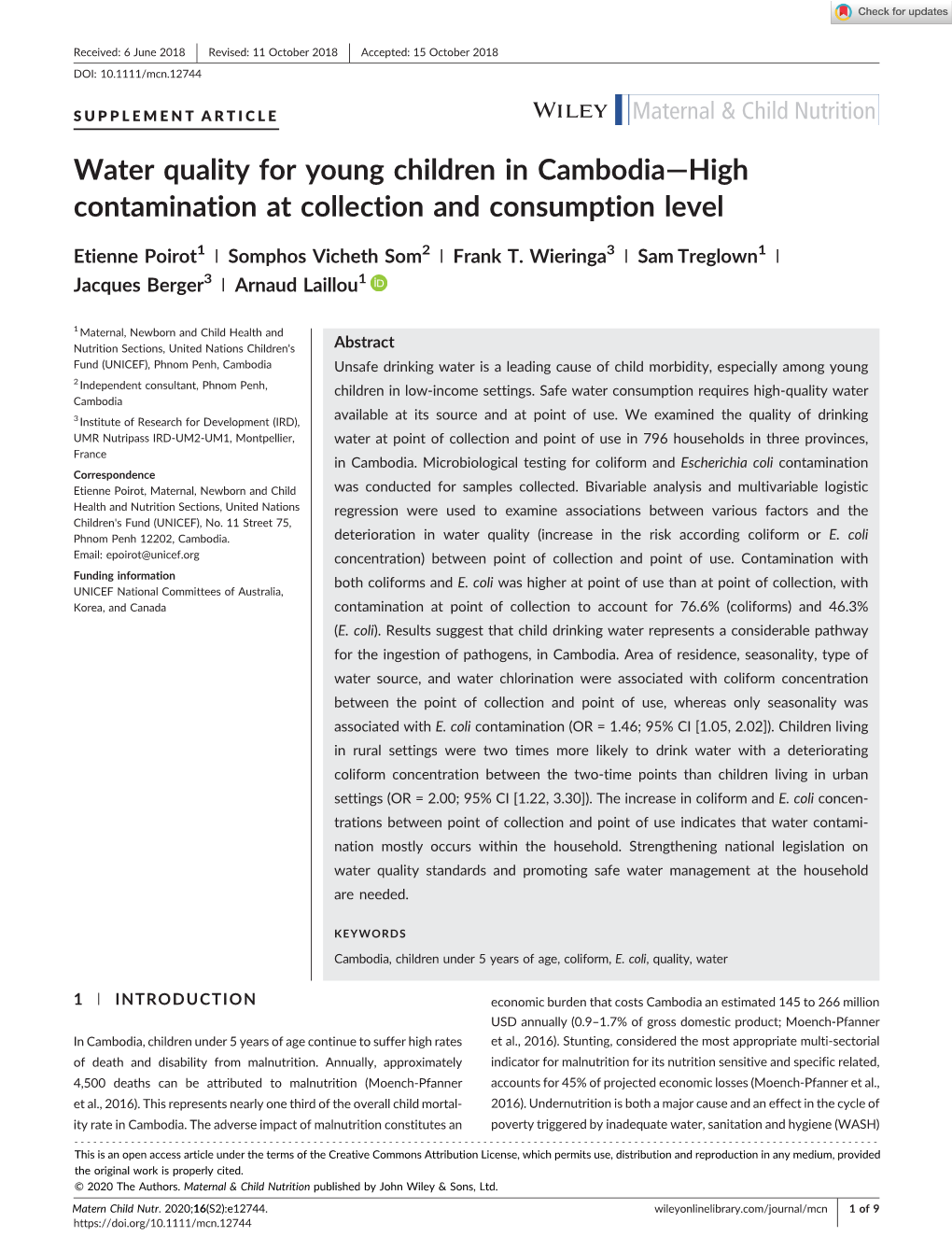 Water Quality for Young Children in Cambodia—High Contamination at Collection and Consumption Level