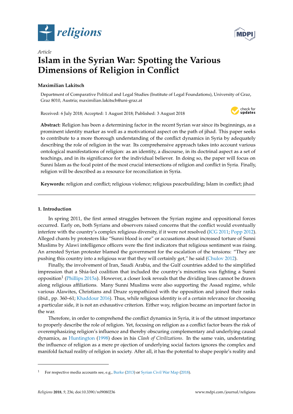 Islam in the Syrian War: Spotting the Various Dimensions of Religion in Conﬂict