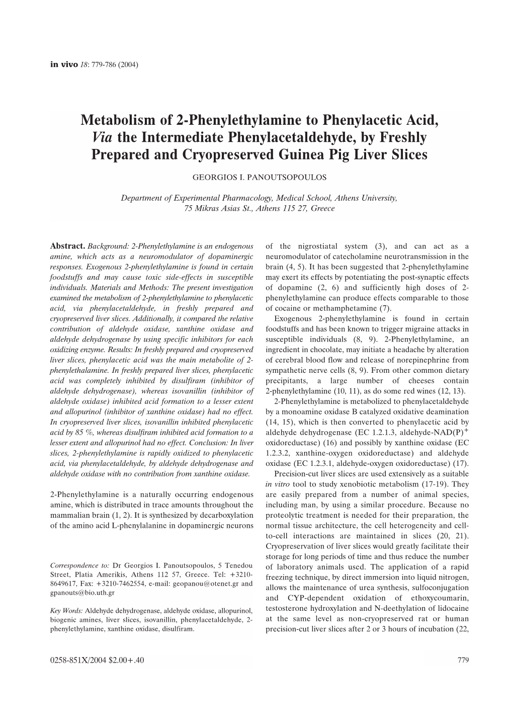 Metabolism of 2-Phenylethylamine to Phenylacetic Acid, Via the Intermediate Phenylacetaldehyde, by Freshly Prepared and Cryopreserved Guinea Pig Liver Slices