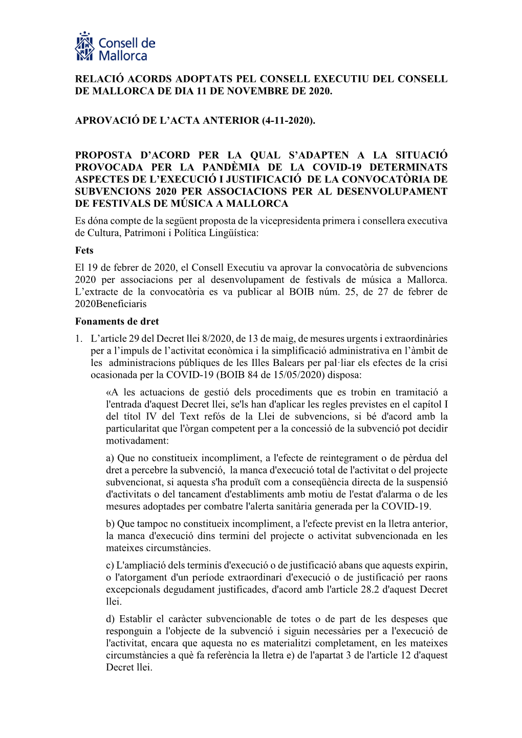 Relació Acords Adoptats Pel Consell Executiu Del Consell De Mallorca De Dia 11 De Novembre De 2020