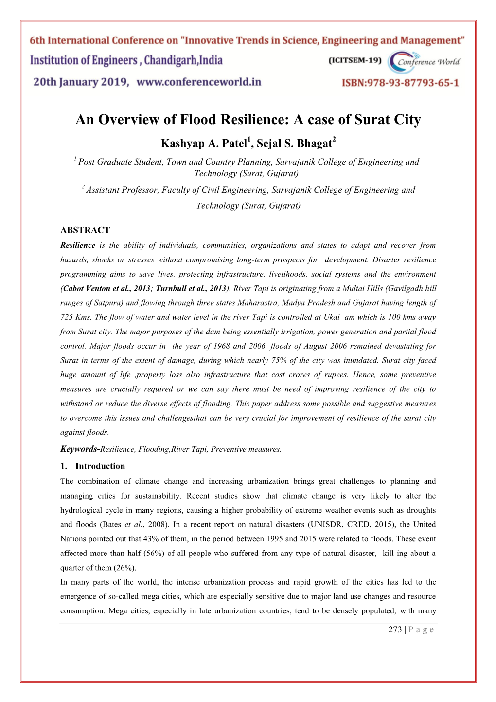 An Overview of Flood Resilience: a Case of Surat City Kashyap A