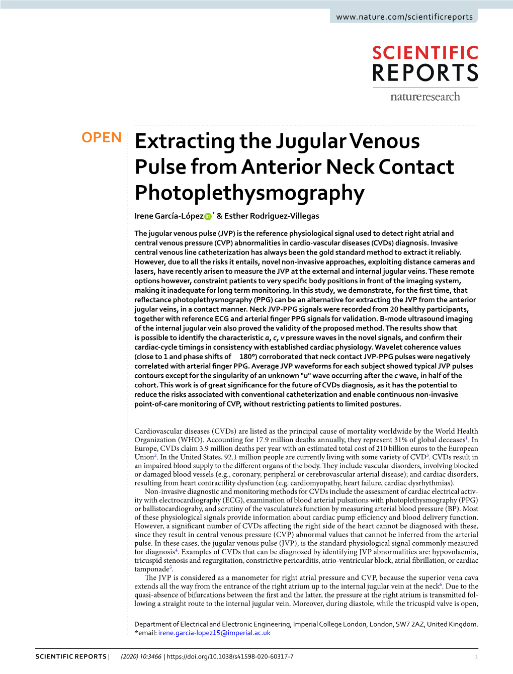 Extracting the Jugular Venous Pulse from Anterior Neck Contact Photoplethysmography Irene García-López * & Esther Rodriguez-Villegas
