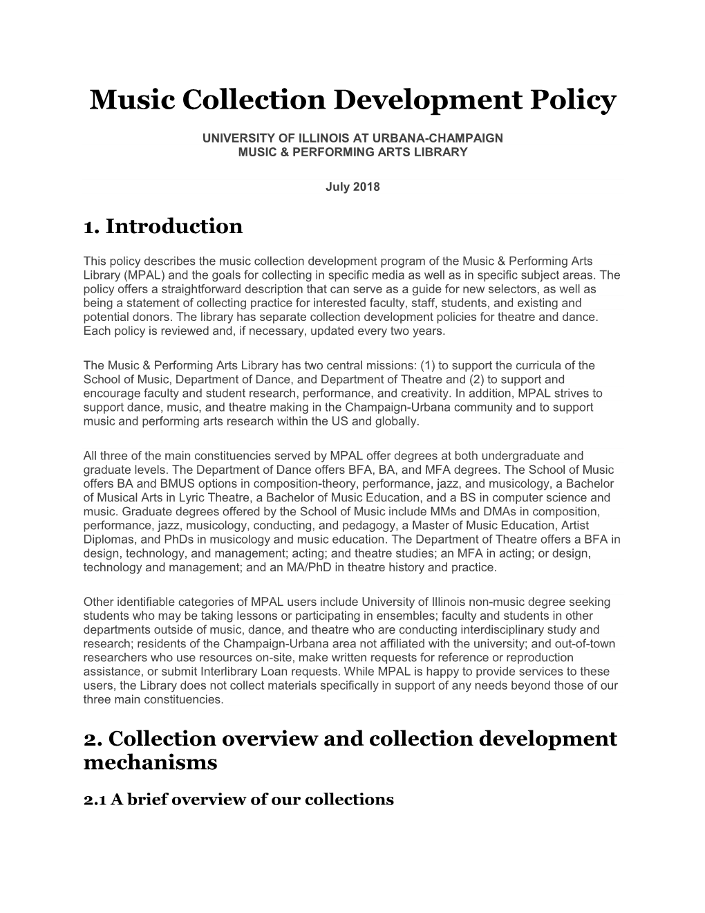 Music Collection Development Policy