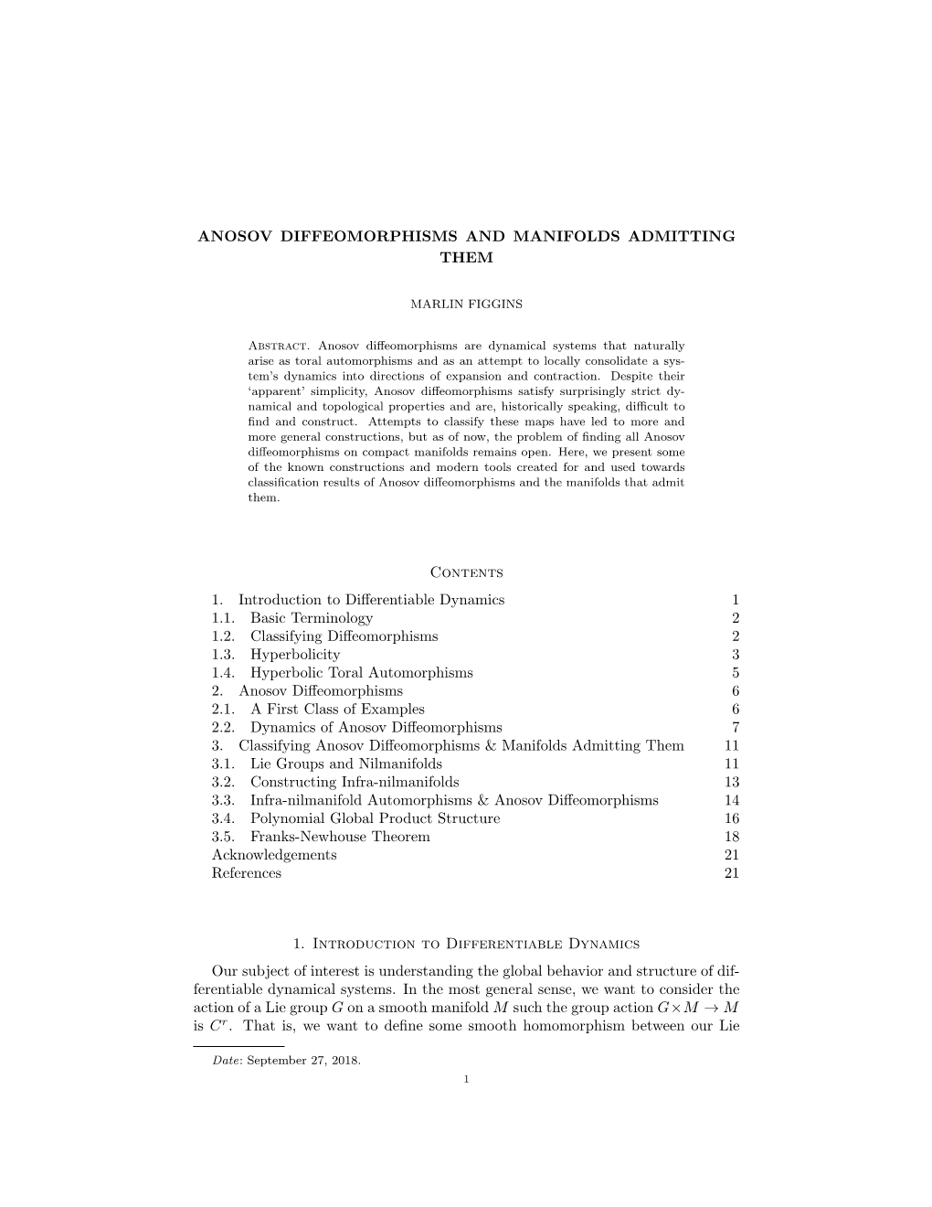 Anosov Diffeomorphisms and Manifolds Admitting Them