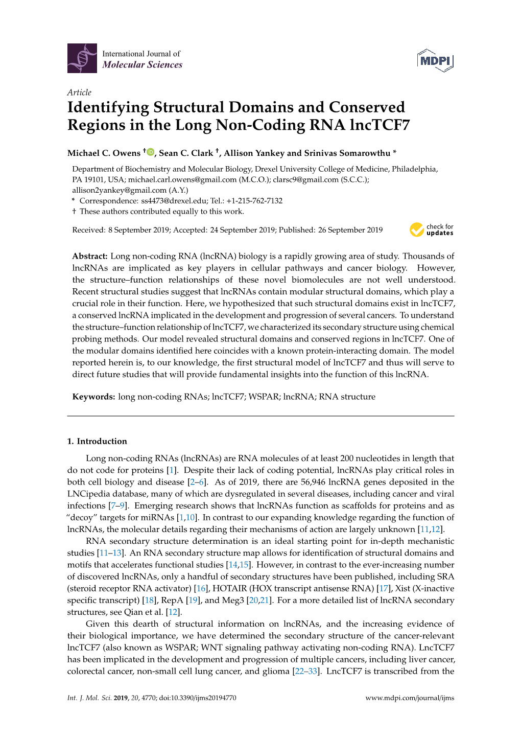 Identifying Structural Domains and Conserved Regions in the Long Non-Coding RNA Lnctcf7