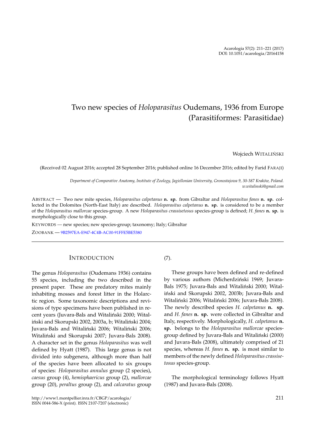 Two New Species of Holoparasitus Oudemans, 1936 from Europe (Parasitiformes: Parasitidae)