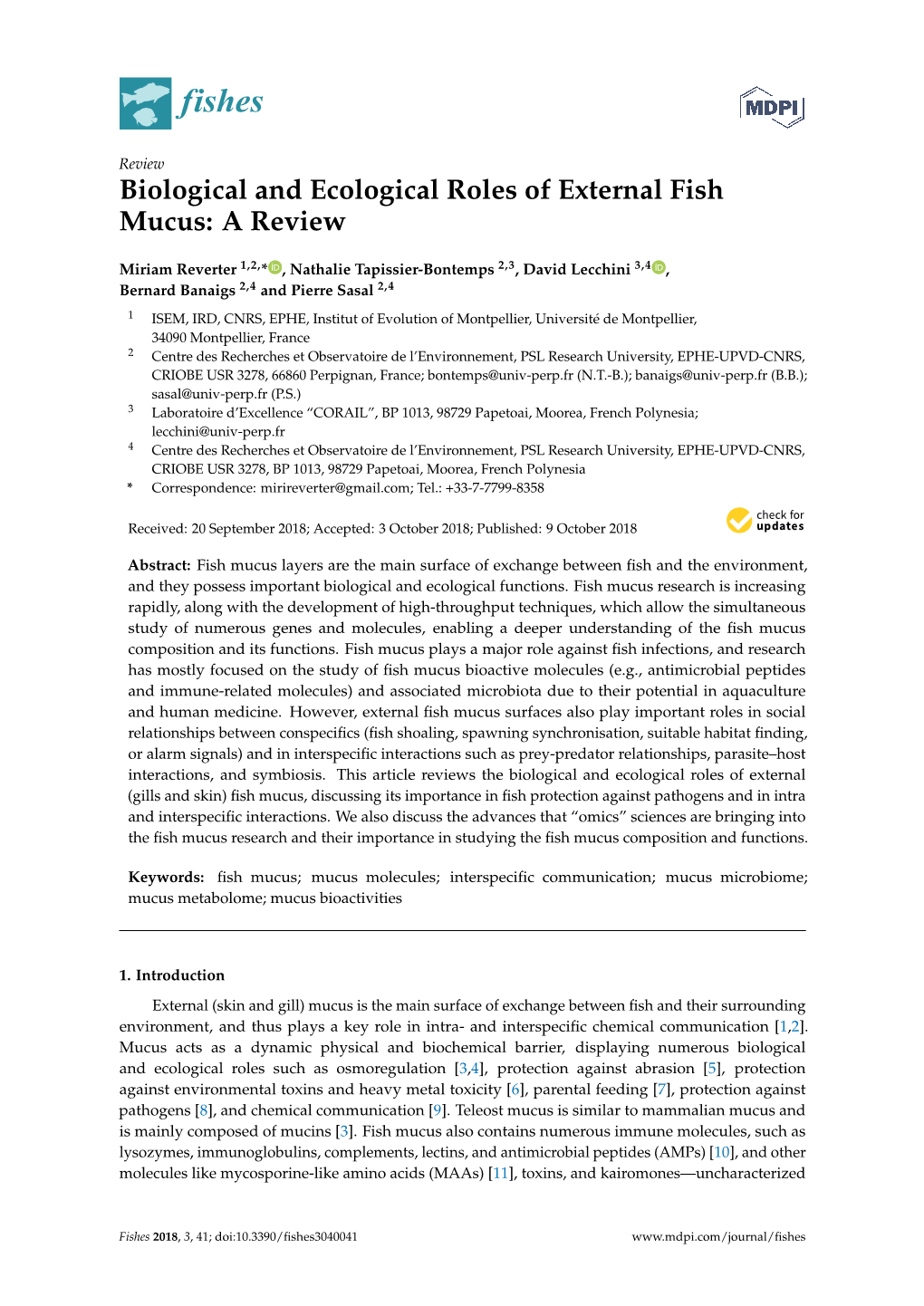 Biological and Ecological Roles of External Fish Mucus: a Review