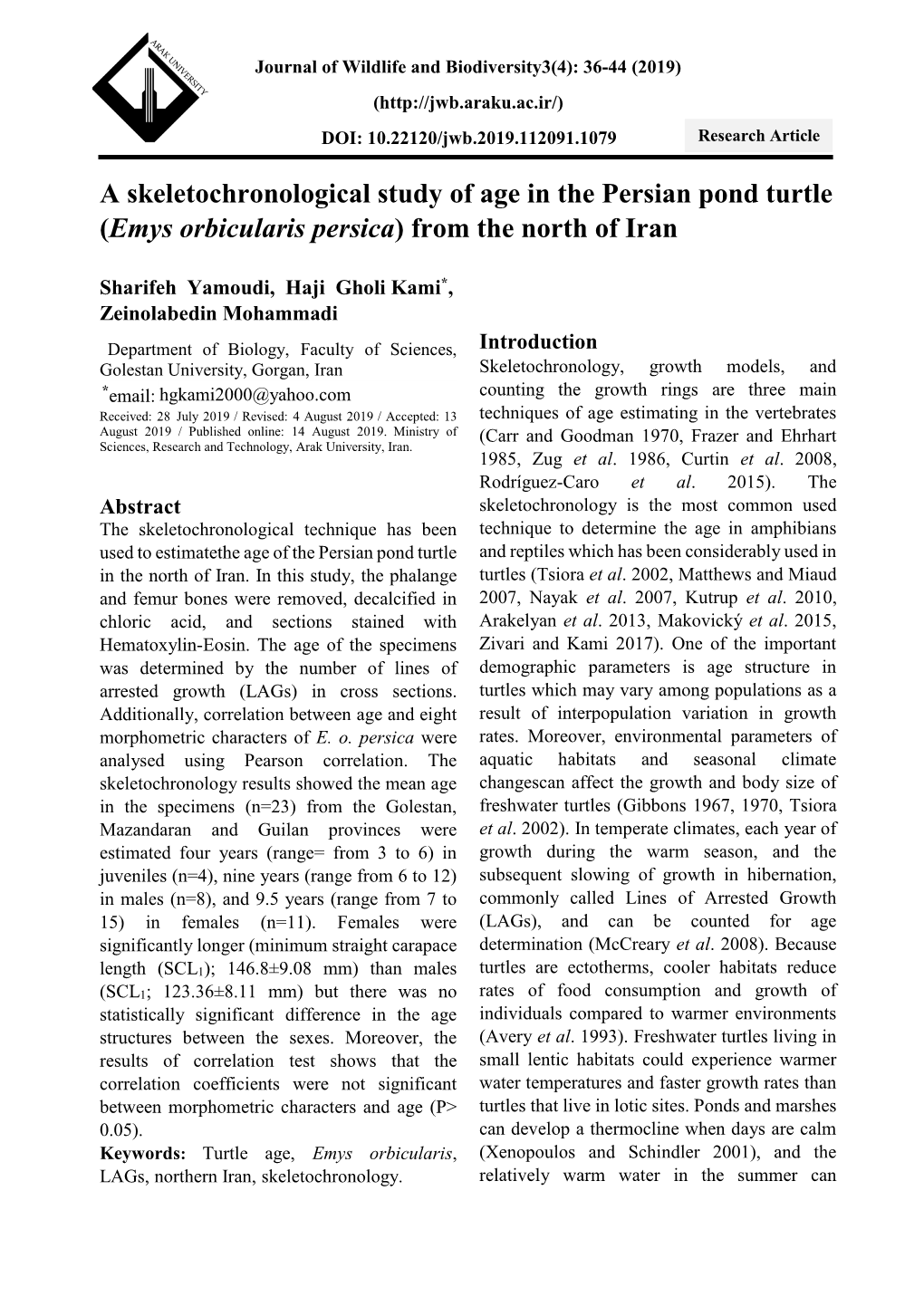 A Skeletochronological Study of Age in the Persian Pond Turtle (Emys Orbicularis Persica) from the North of Iran