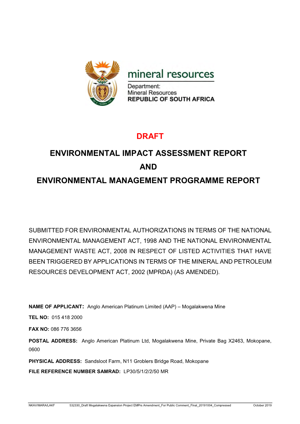 Draft Mogalakwena Expansion Project EIA/Empr for Public