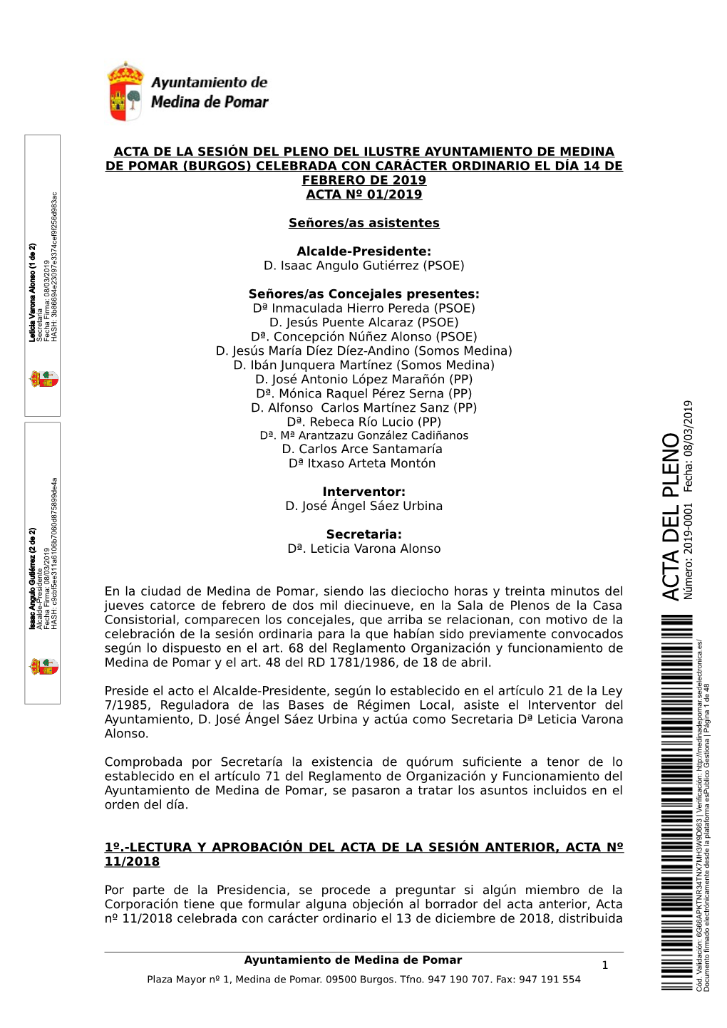 Acta De La Sesión Del Pleno Del Ilustre Ayuntamiento De Medina De Pomar (Burgos) Celebrada Con Carácter Ordinario El Día 14 De Febrero De 2019 Acta Nº 01/2019