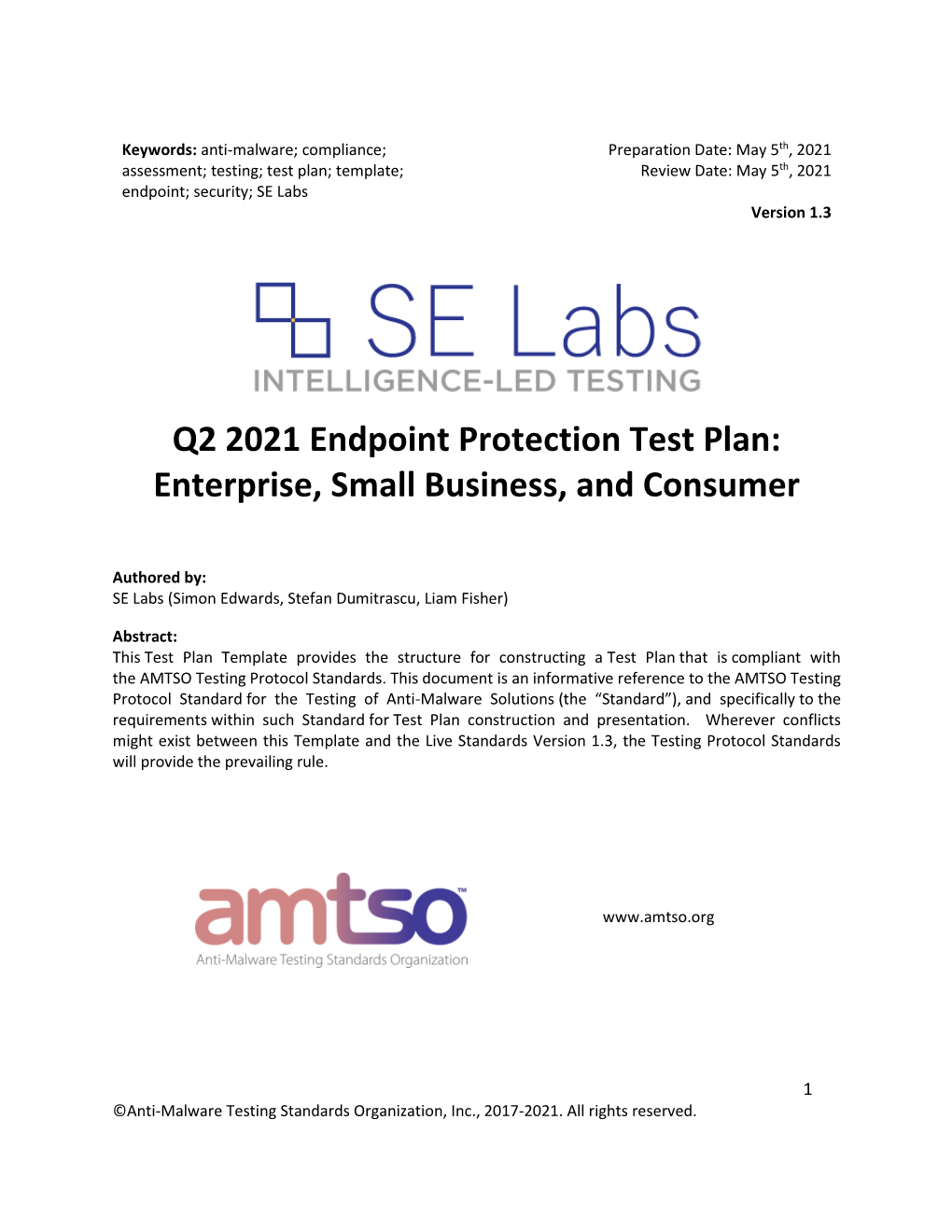 Test Plan; Template; Review Date: May 5Th, 2021 Endpoint; Security; SE Labs Version 1.3