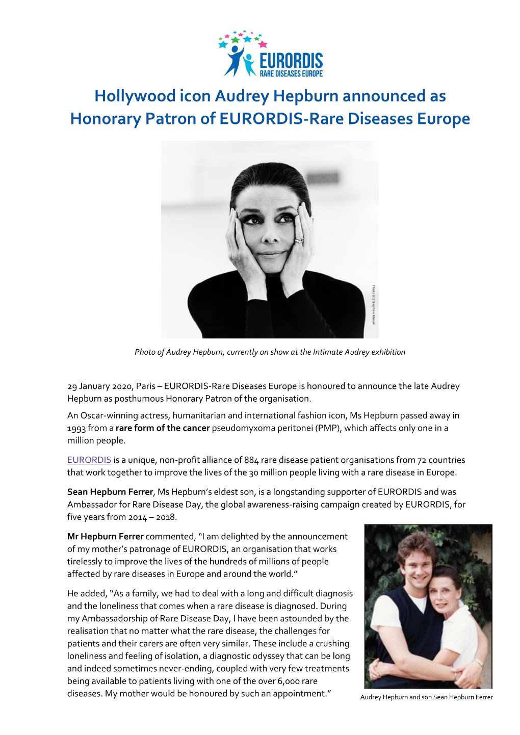 Hollywood Icon Audrey Hepburn Announced As Honorary Patron of EURORDIS-Rare Diseases Europe