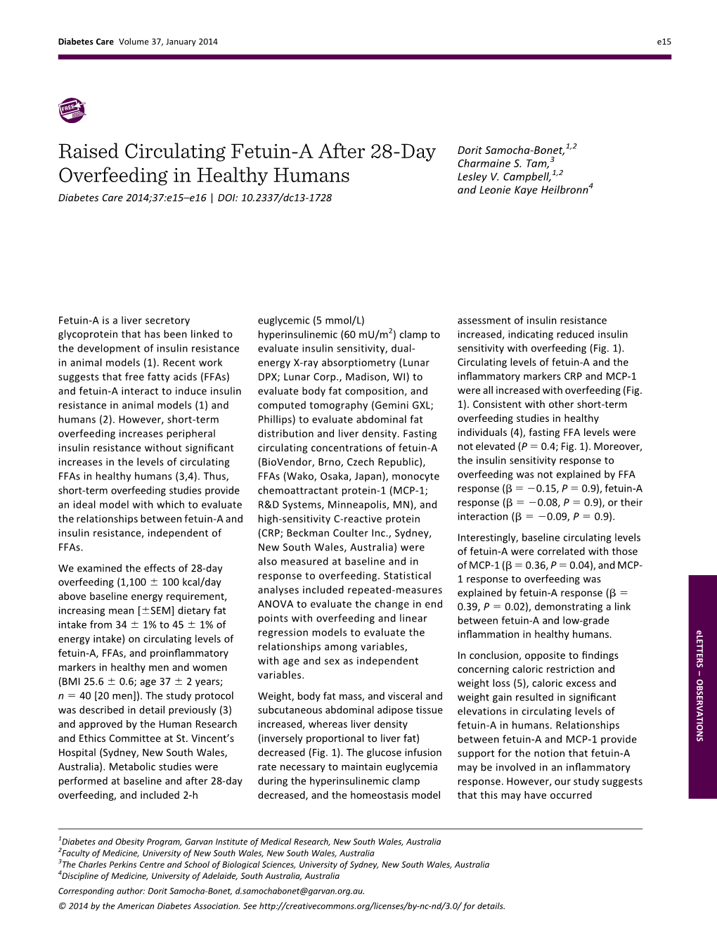 Raised Circulating Fetuin-A After 28-Day Overfeeding in Healthy