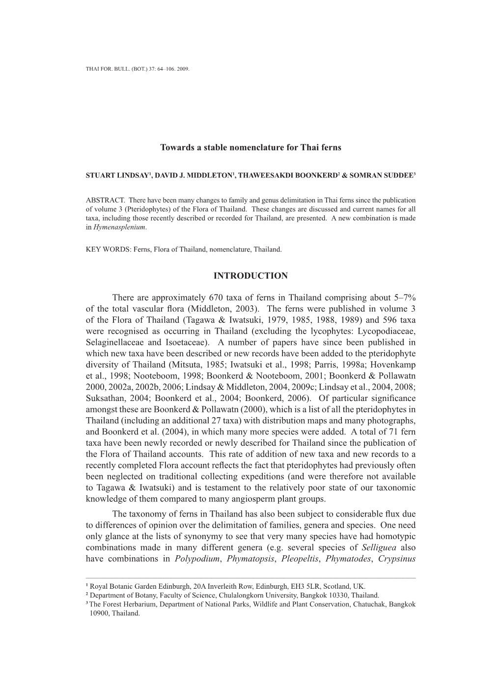 Towards a Stable Nomenclature for Thai Ferns INTRODUCTION There