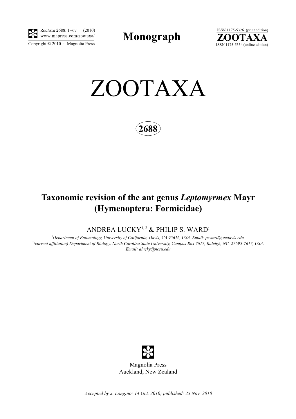 Taxonomic Revision of the Ant Genus Leptomyrmex Mayr (Hymenoptera: Formicidae)