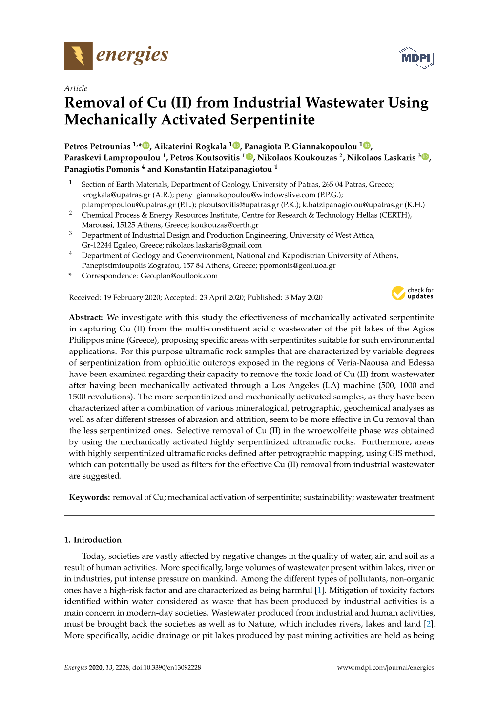 From Industrial Wastewater Using Mechanically Activated Serpentinite