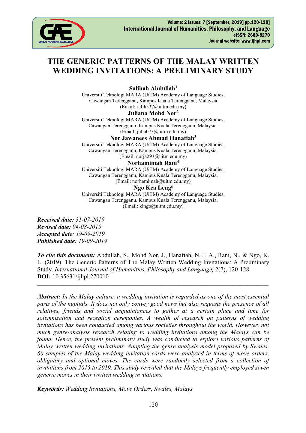 The Generic Patterns of the Malay Written Wedding Invitations: a Preliminary Study